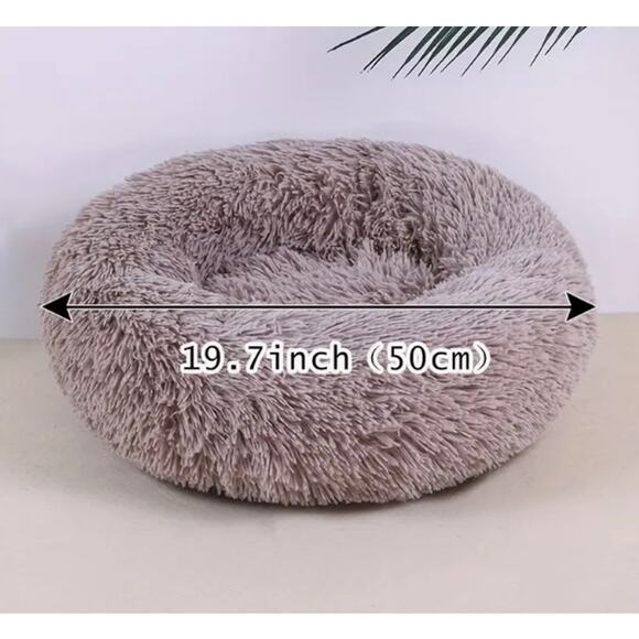 Pet Bed Plush Dog Cat Fluffy Luxury Taupe Medium 19.7" Round Non Slip - Picture 3 of 7